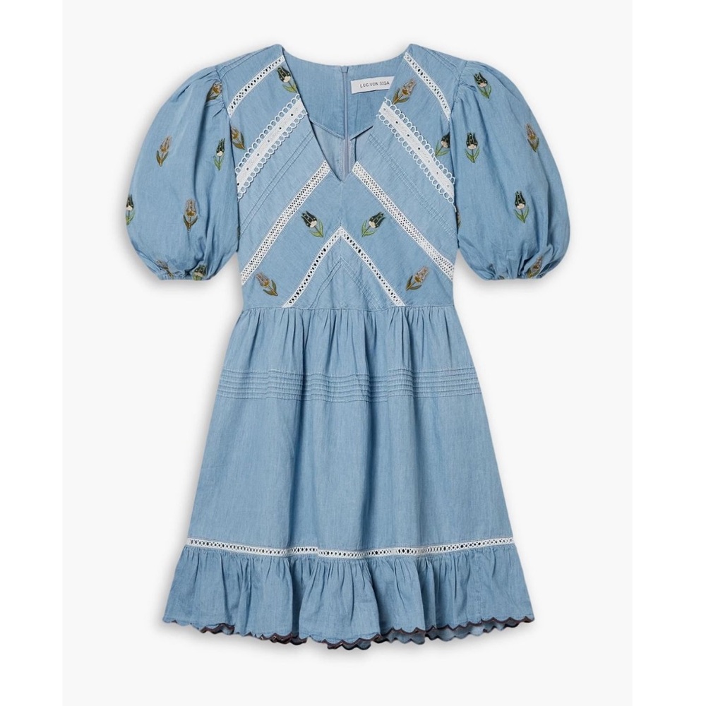 Lug Von Siga Emma ruffled embroidered cotton-chambray mini dress